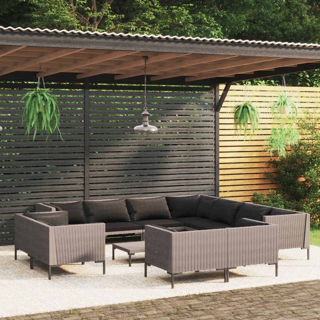 11-delige Loungeset met kussens poly rattan donkergrijs