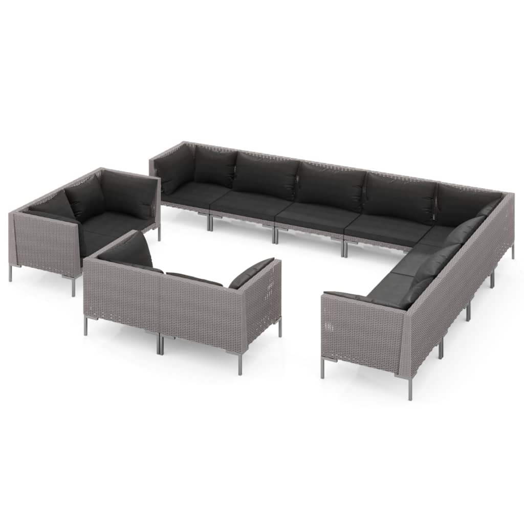 12-delige Loungeset met kussens poly rattan donkergrijs