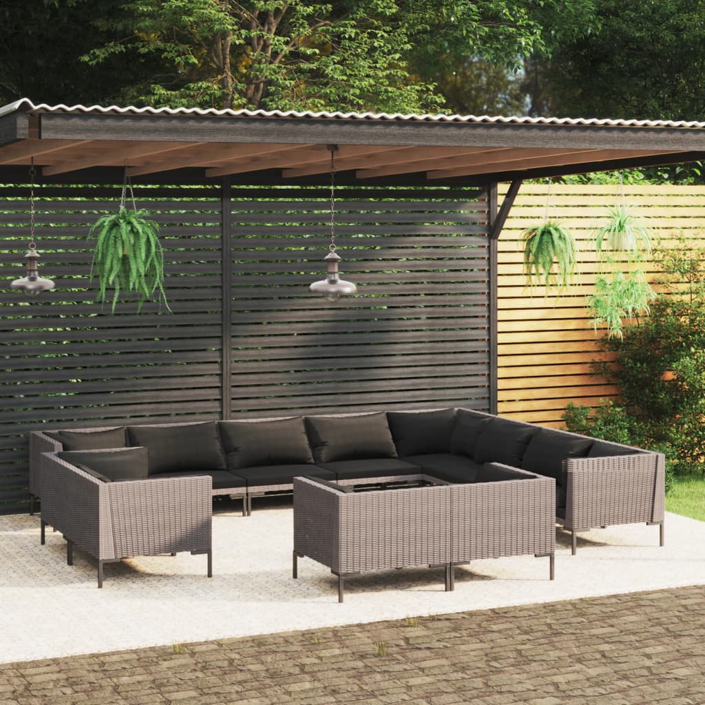 12-delige Loungeset met kussens poly rattan donkergrijs