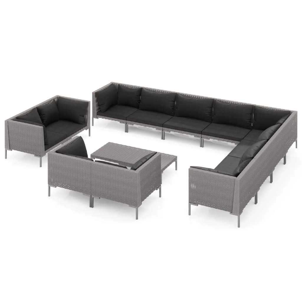 12-delige Loungeset met kussens poly rattan donkergrijs