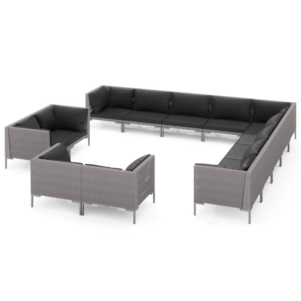 12-delige Loungeset met kussens poly rattan donkergrijs