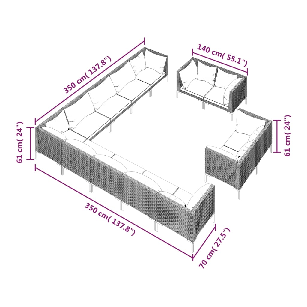 12-delige Loungeset met kussens poly rattan donkergrijs