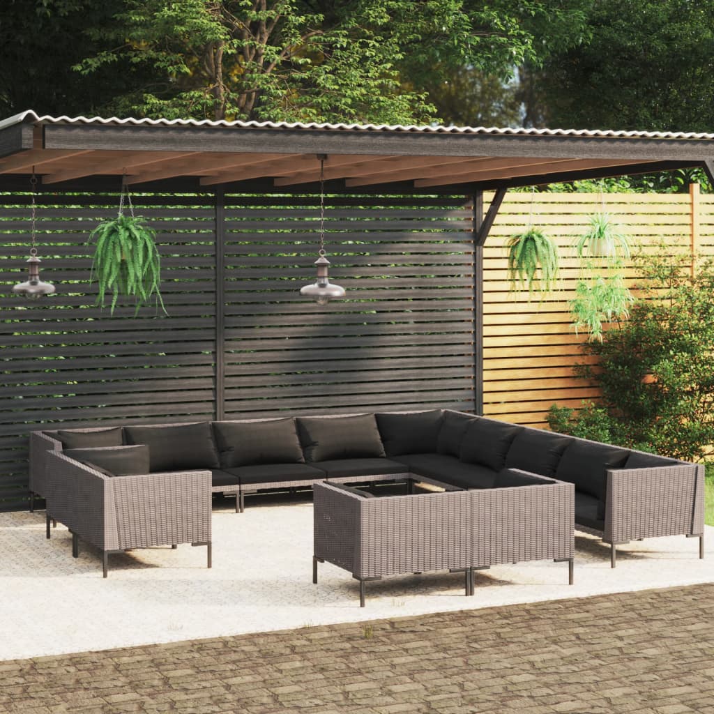 11-delige Loungeset met kussens poly rattan donkergrijs