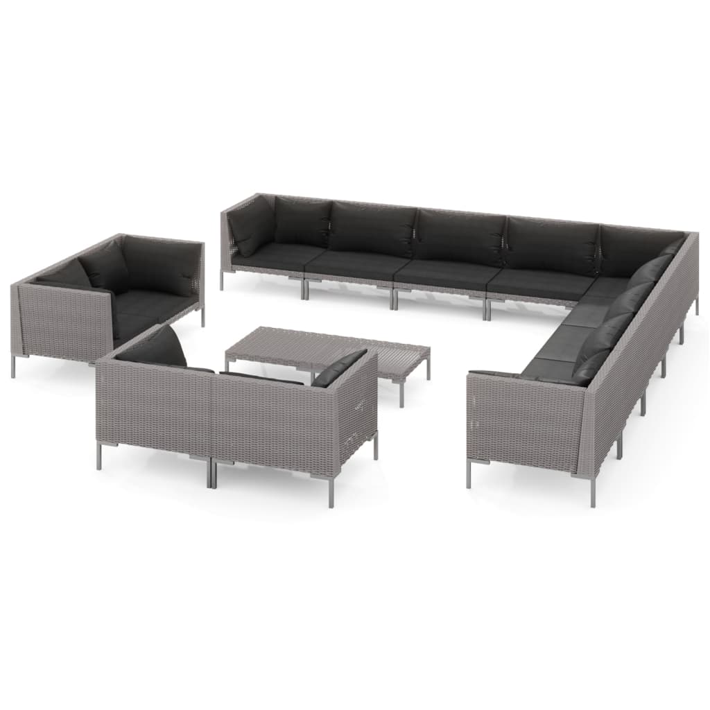 12-delige Loungeset met kussens poly rattan donkergrijs