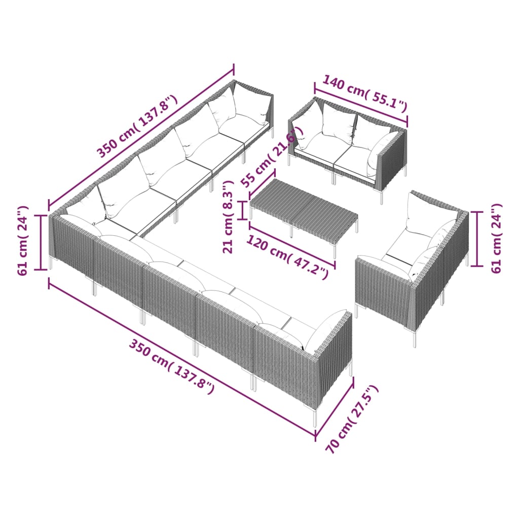 11-delige Loungeset met kussens poly rattan donkergrijs