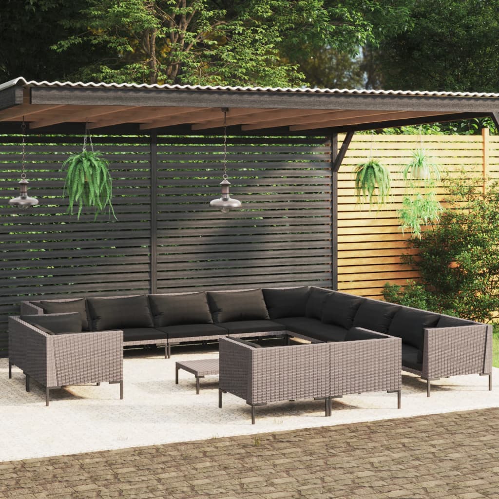 11-delige Loungeset met kussens poly rattan donkergrijs