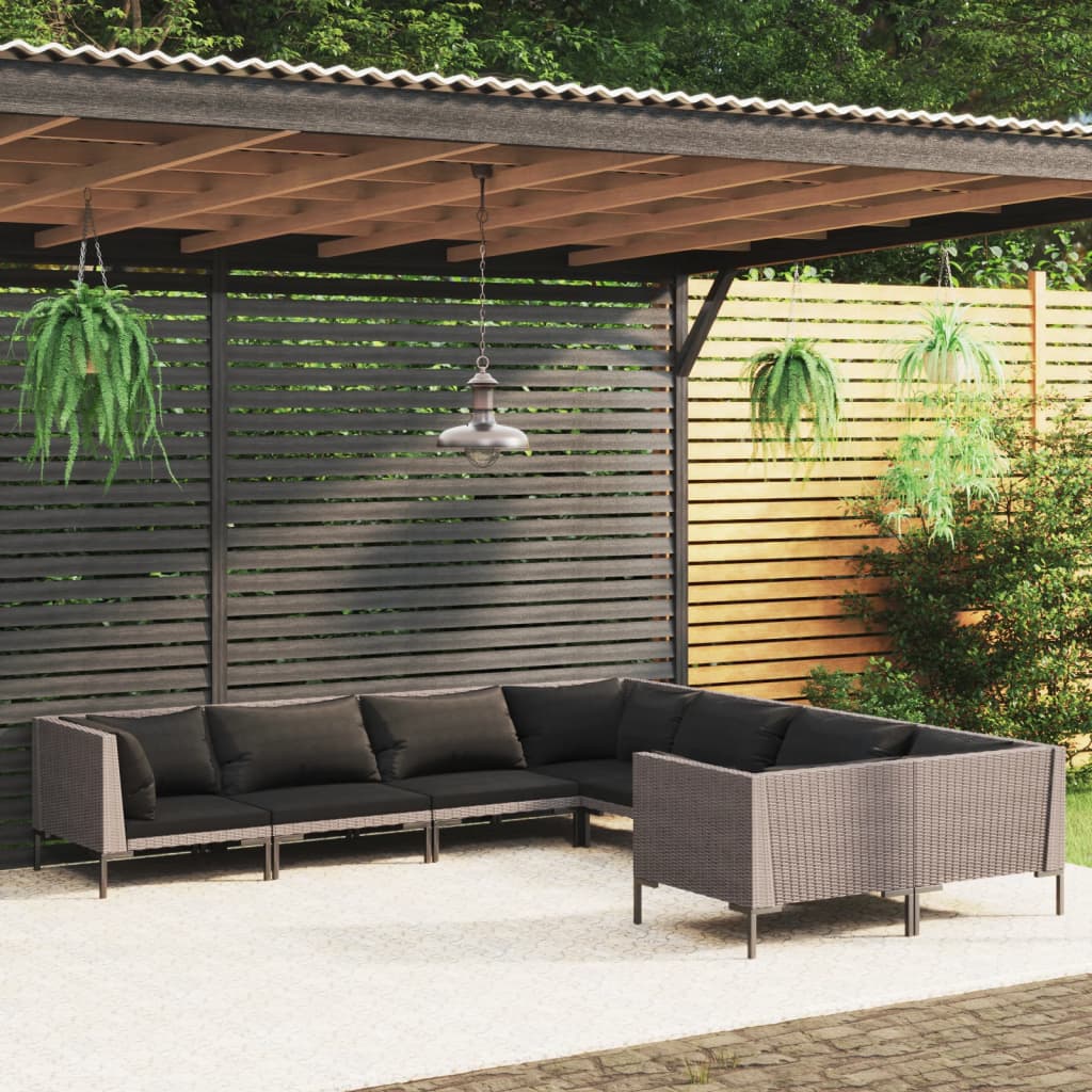 9-delige Loungeset met kussens poly rattan donkergrijs