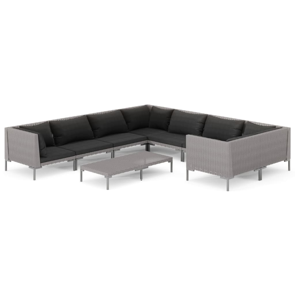 9-delige Loungeset met kussens poly rattan donkergrijs