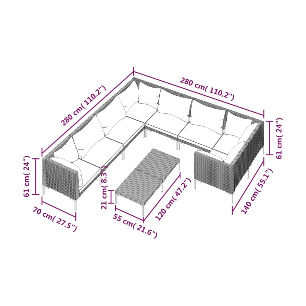 9-delige Loungeset met kussens poly rattan donkergrijs