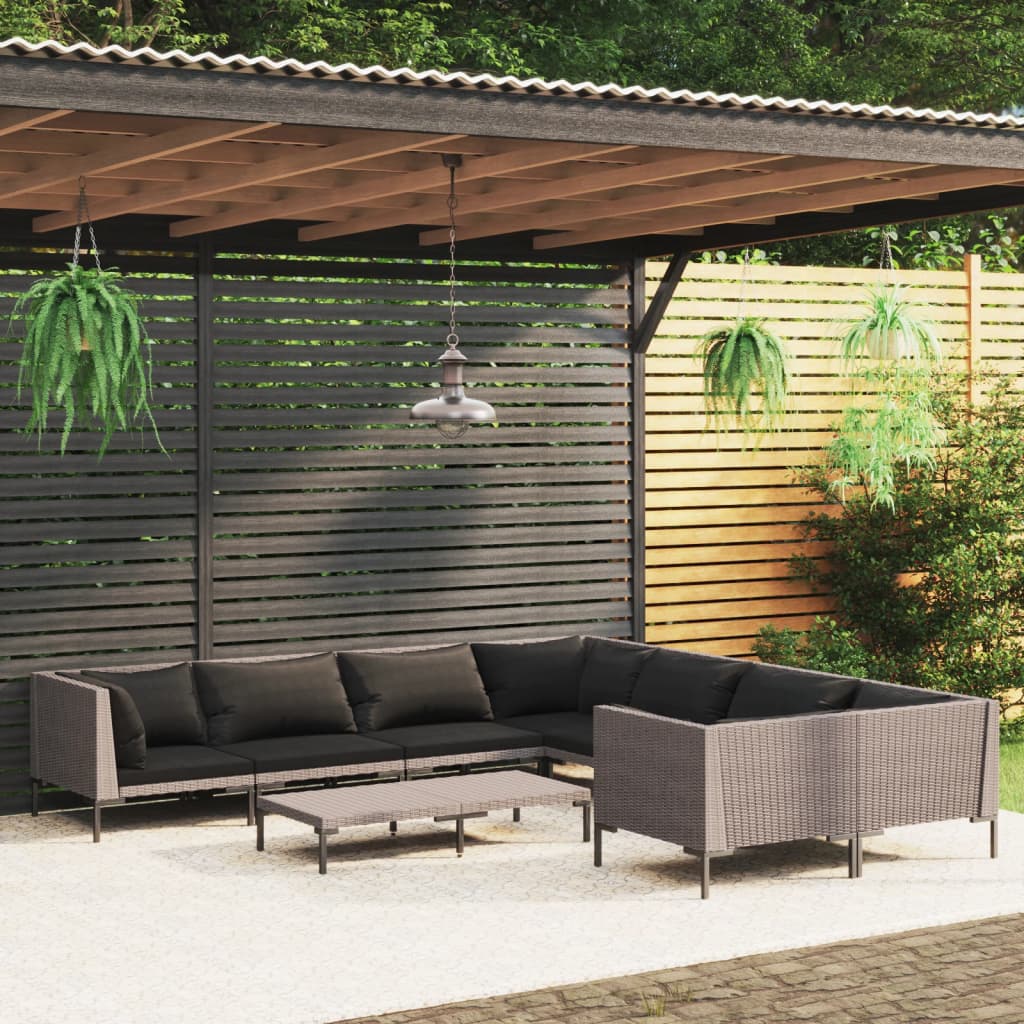 9-delige Loungeset met kussens poly rattan donkergrijs