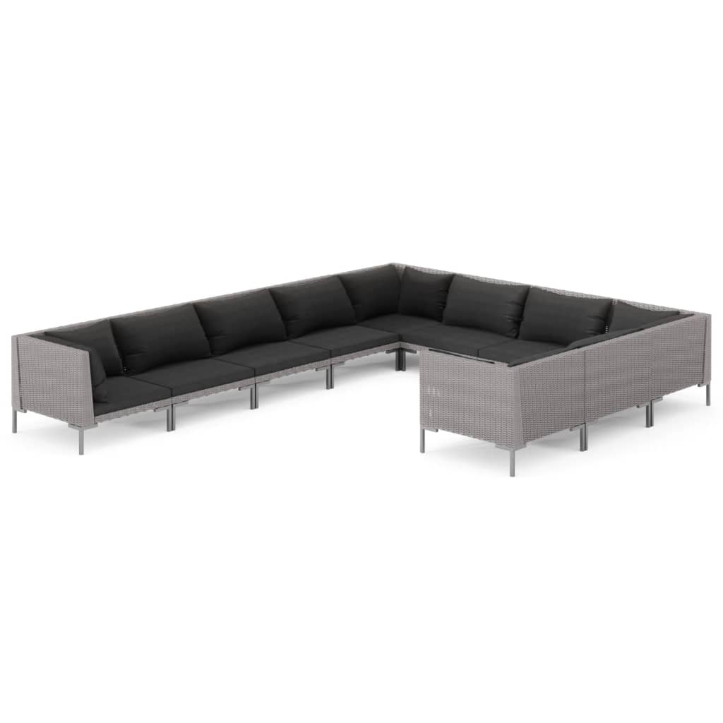 9-delige Loungeset met kussens poly rattan donkergrijs