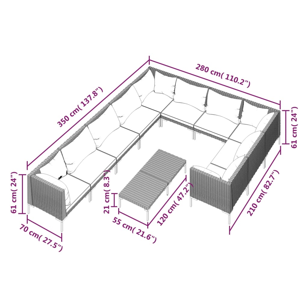 9-delige Loungeset met kussens poly rattan donkergrijs