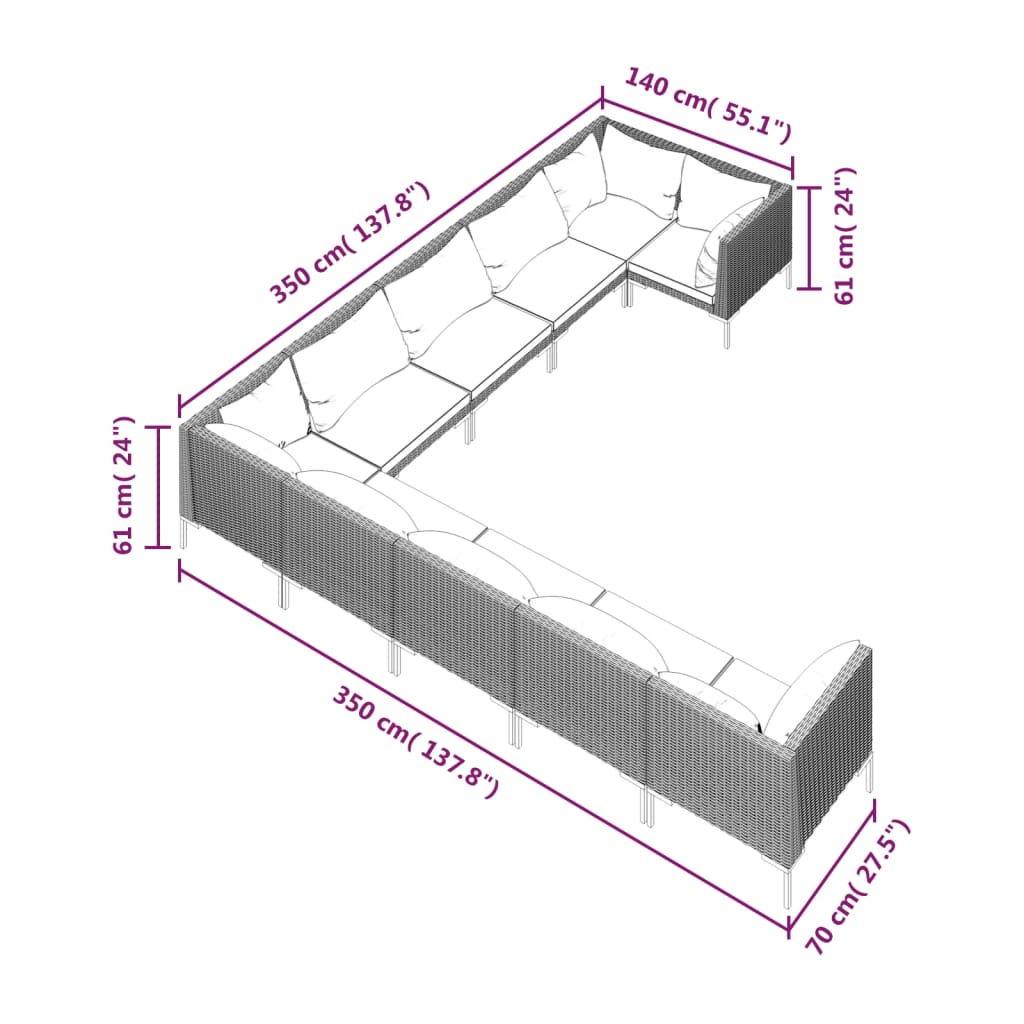 9-delige Loungeset met kussens poly rattan donkergrijs