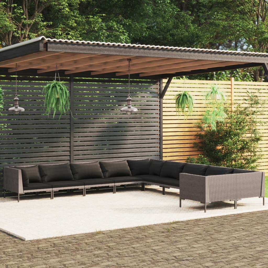 9-delige Loungeset met kussens poly rattan donkergrijs