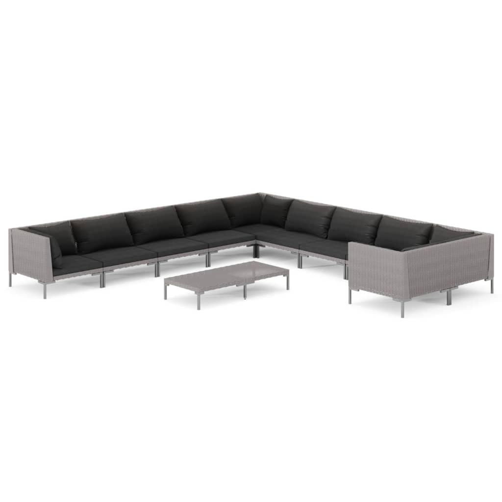 9-delige Loungeset met kussens poly rattan donkergrijs