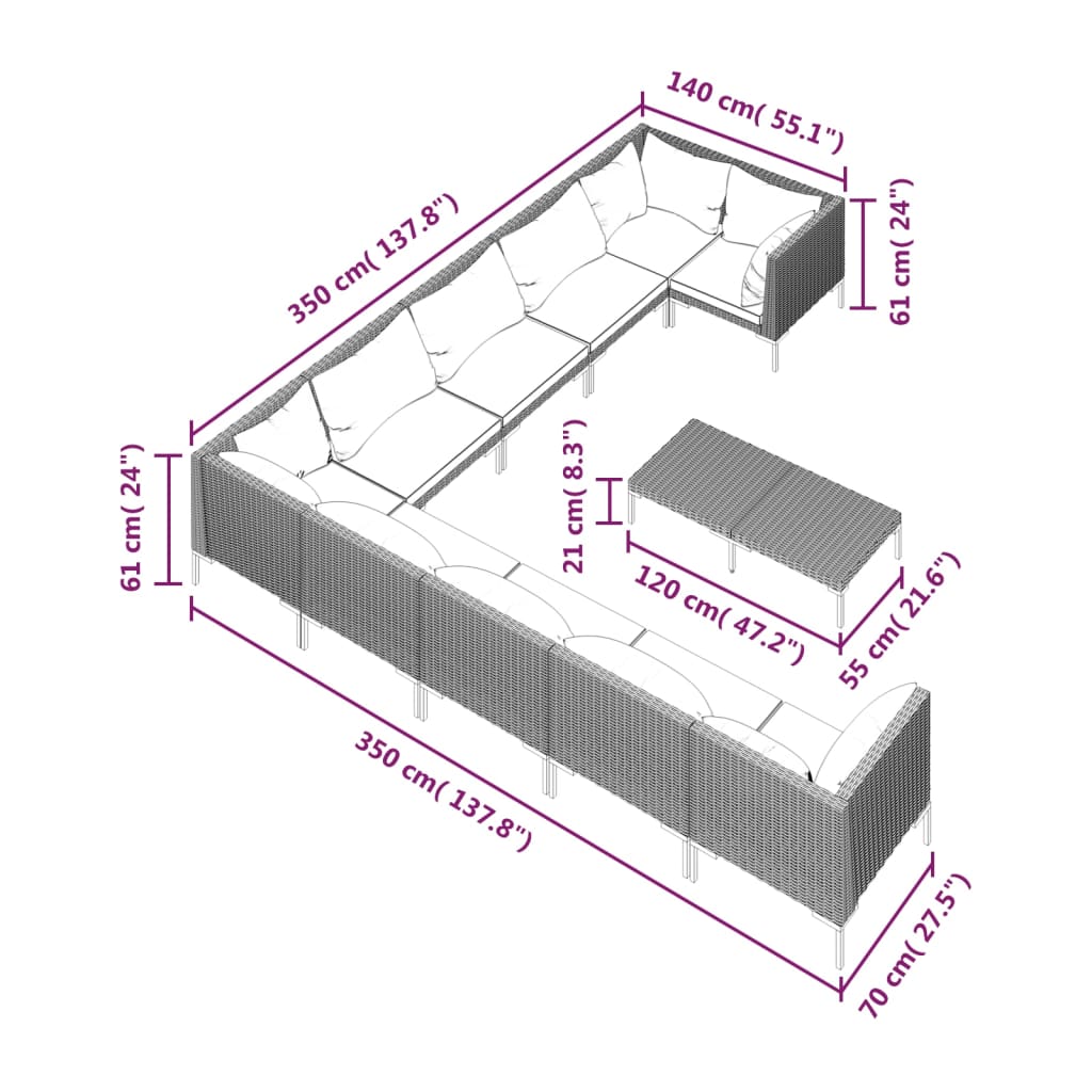 9-delige Loungeset met kussens poly rattan donkergrijs