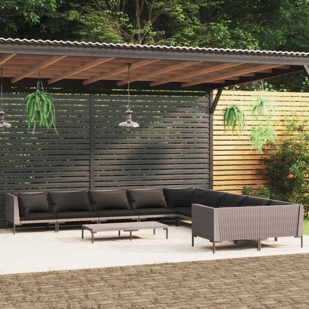 9-delige Loungeset met kussens poly rattan donkergrijs