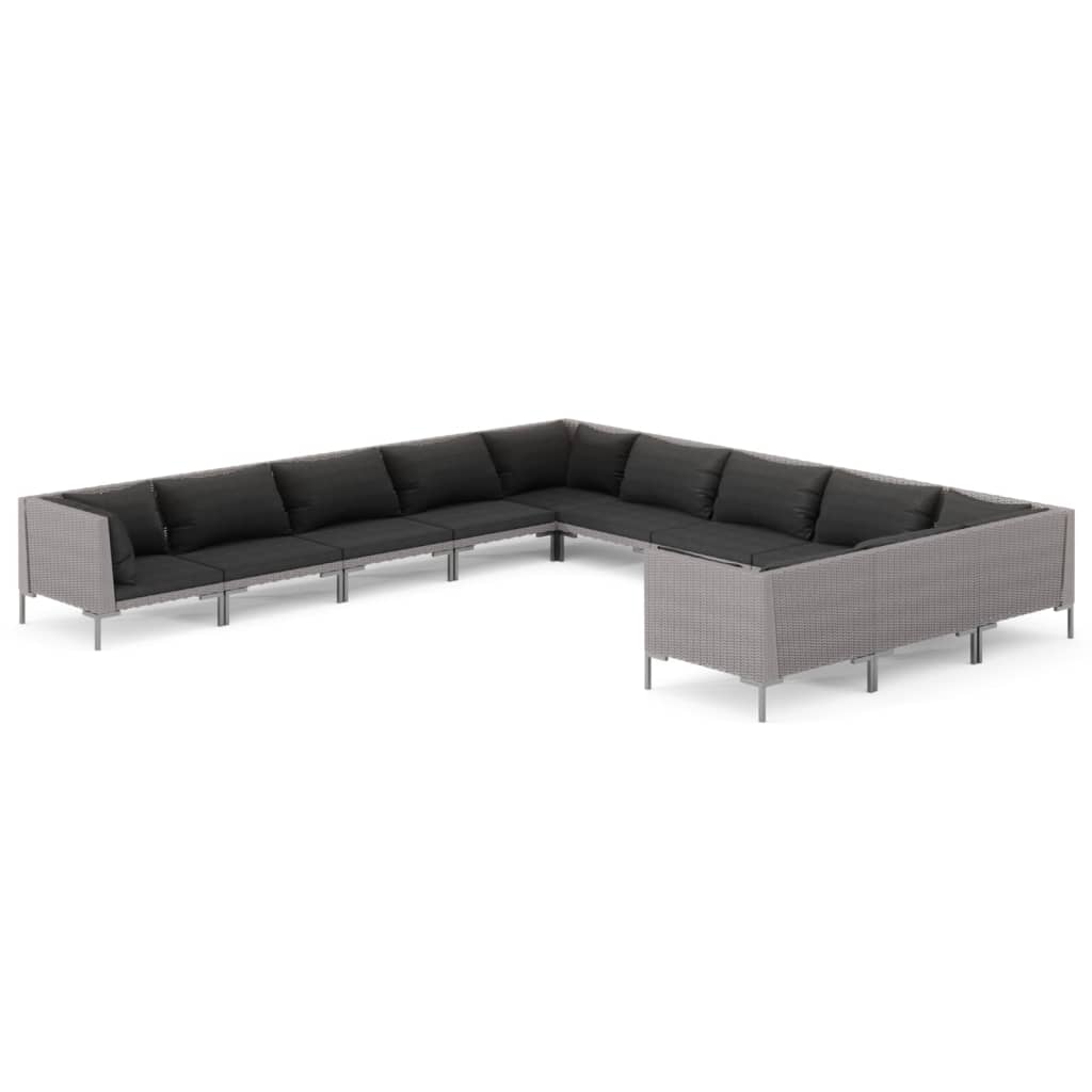 9-delige Loungeset met kussens poly rattan donkergrijs