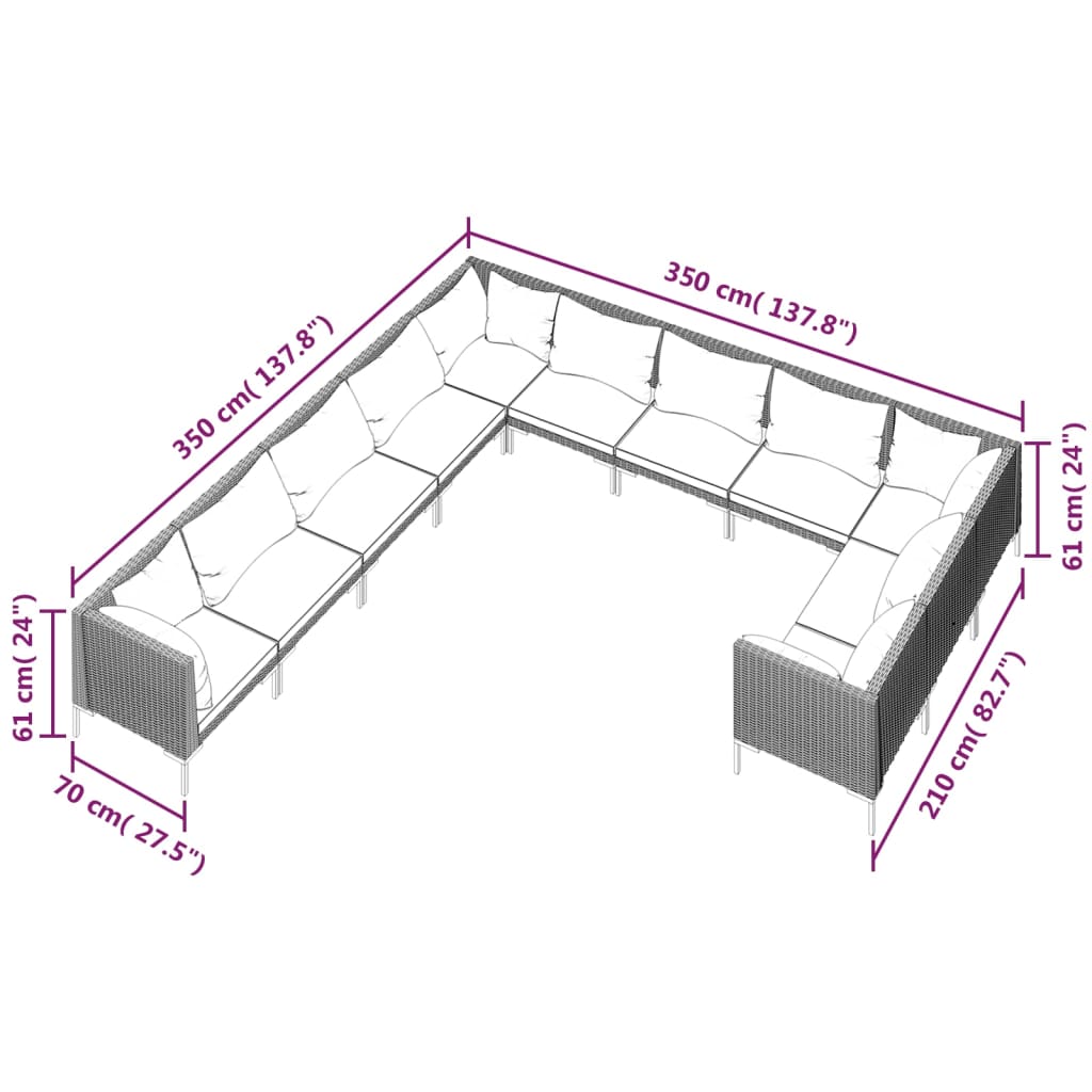 9-delige Loungeset met kussens poly rattan donkergrijs