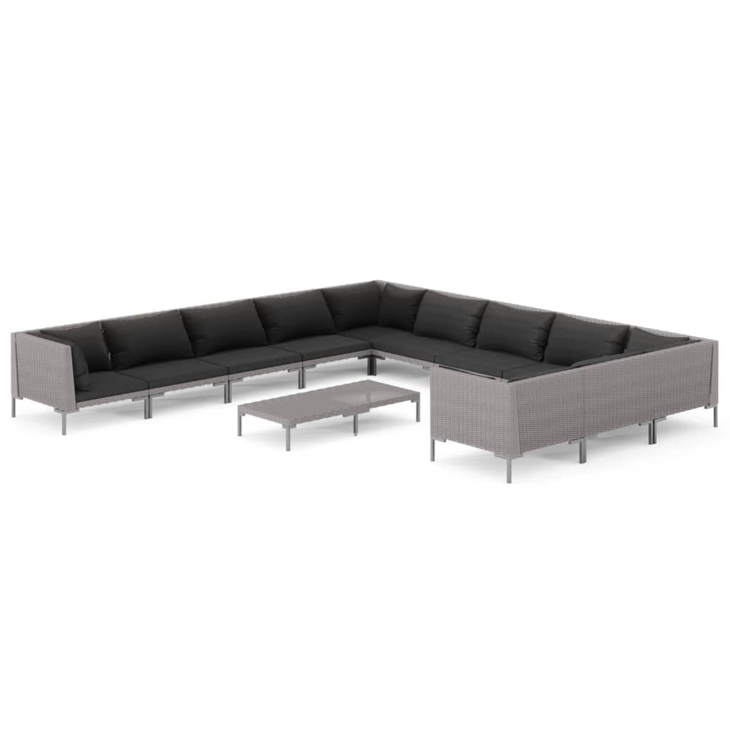 9-delige Loungeset met kussens poly rattan donkergrijs