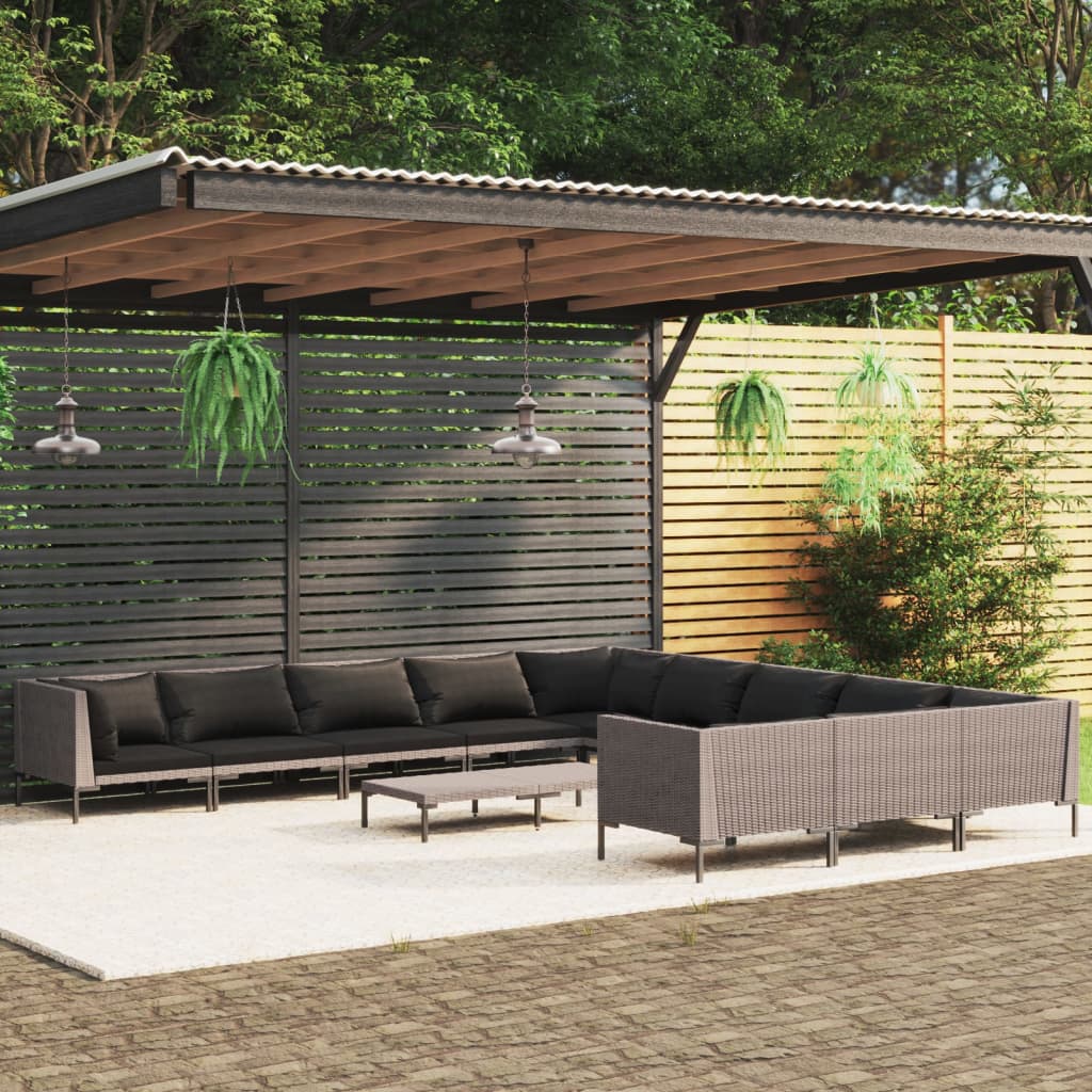 9-delige Loungeset met kussens poly rattan donkergrijs