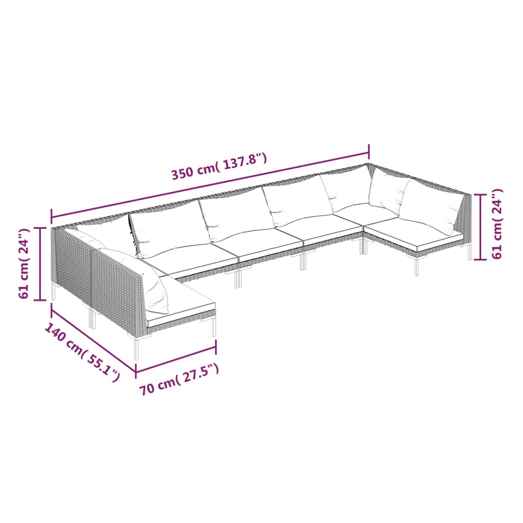 7-delige Loungeset met kussens poly rattan donkergrijs