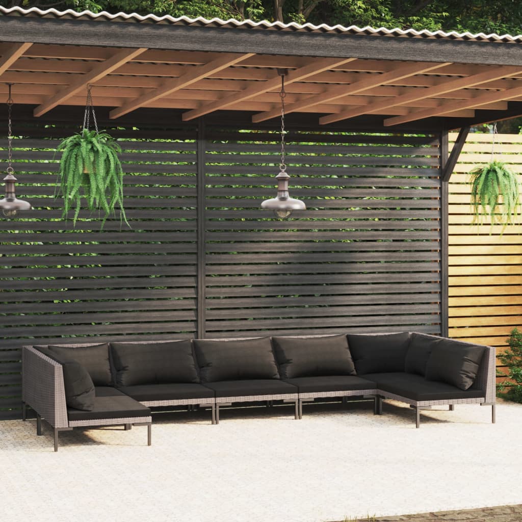 7-delige Loungeset met kussens poly rattan donkergrijs