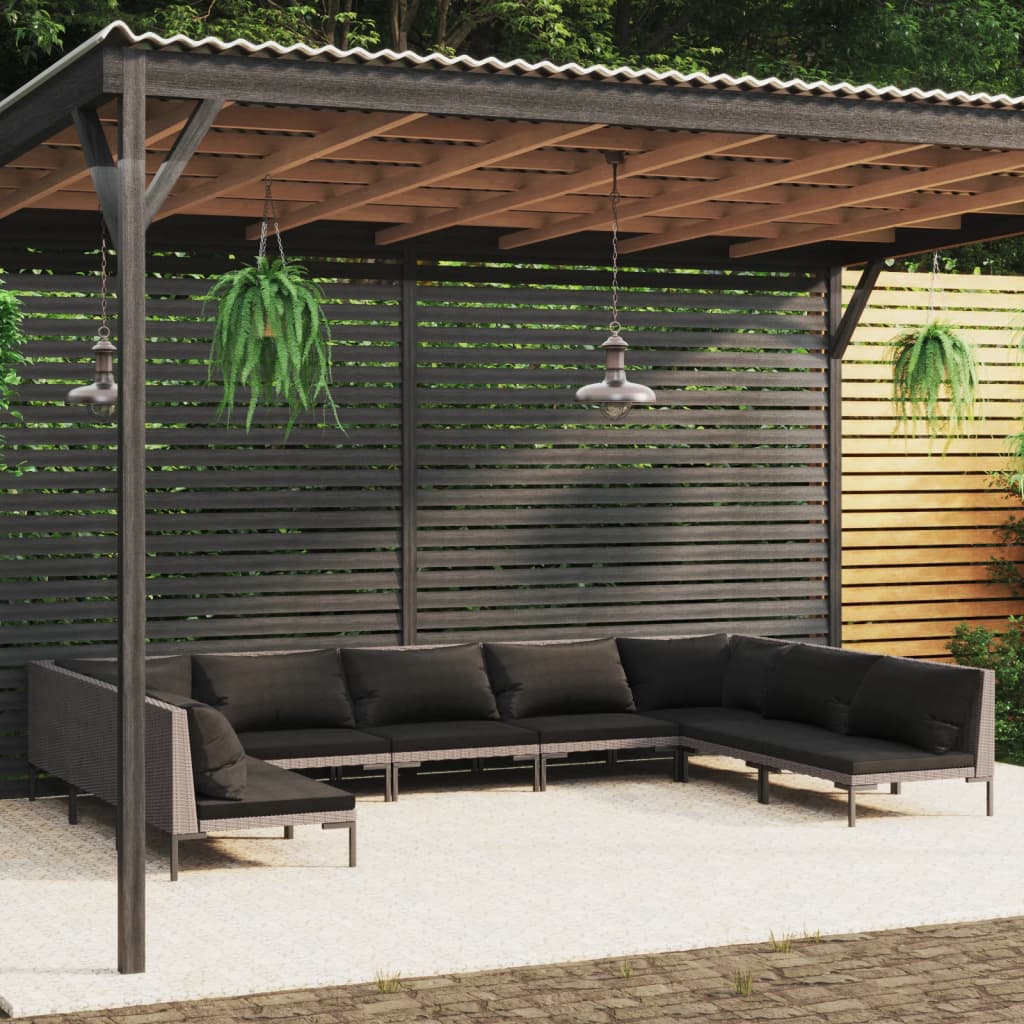 7-delige Loungeset met kussens poly rattan donkergrijs