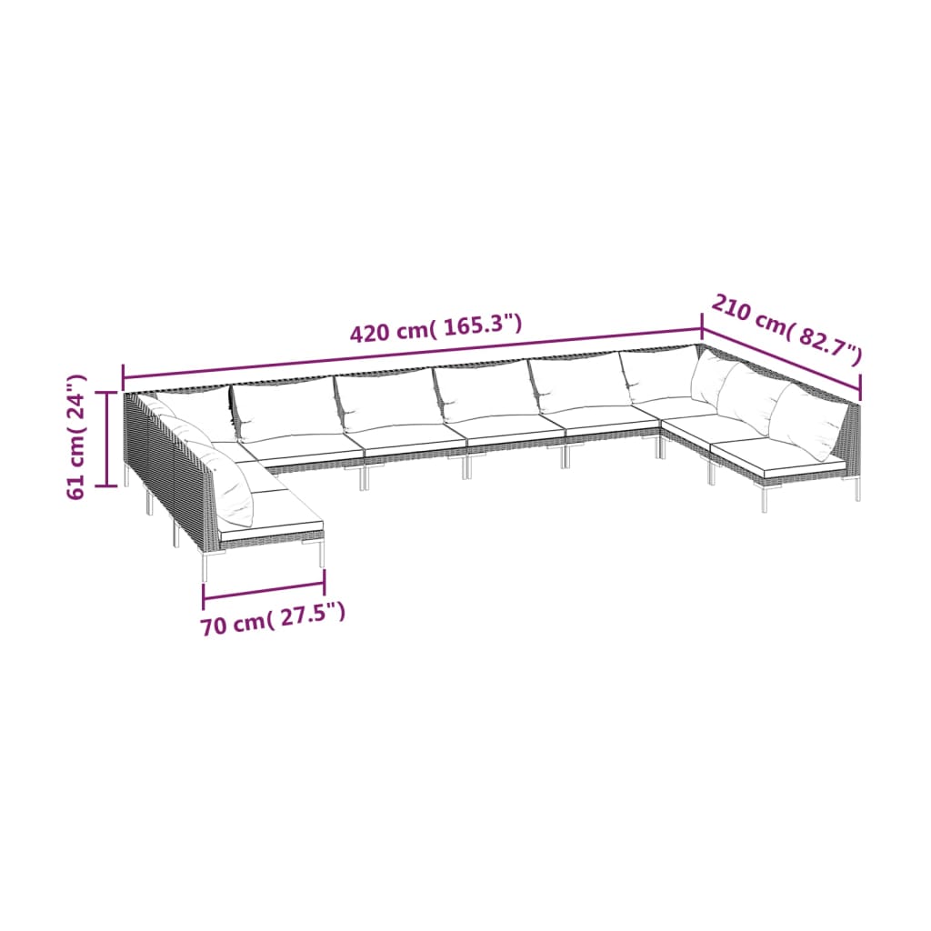 7-delige Loungeset met kussens poly rattan donkergrijs