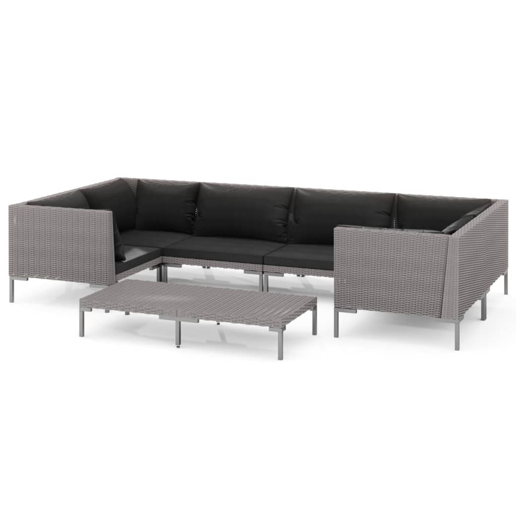 7-delige Loungeset met kussens poly rattan donkergrijs