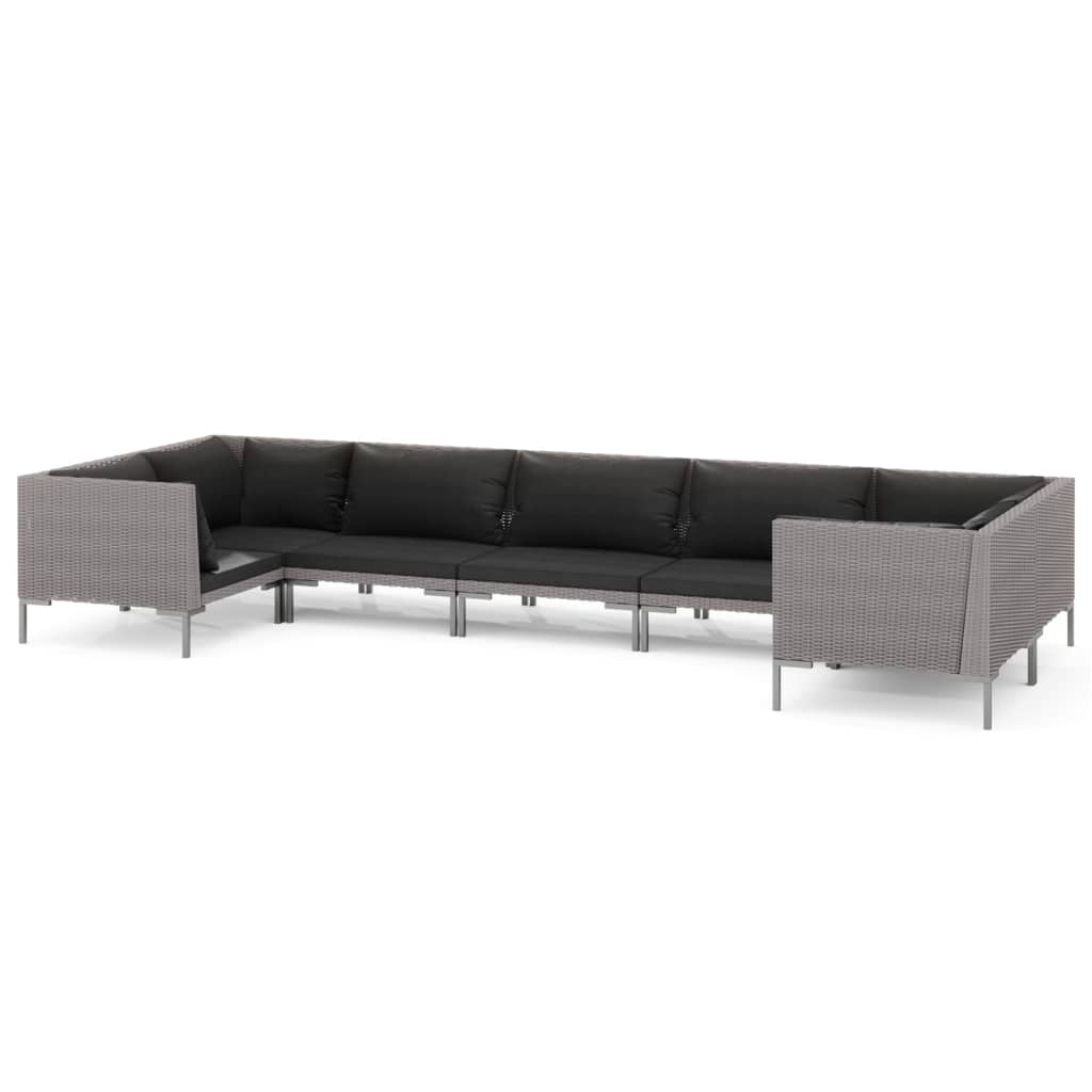 7-delige Loungeset met kussens poly rattan donkergrijs