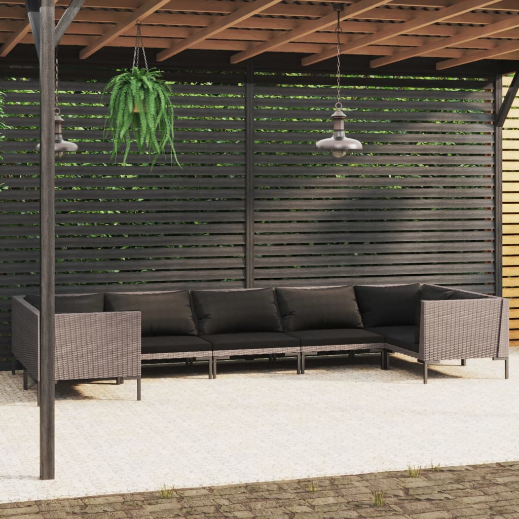 7-delige Loungeset met kussens poly rattan donkergrijs