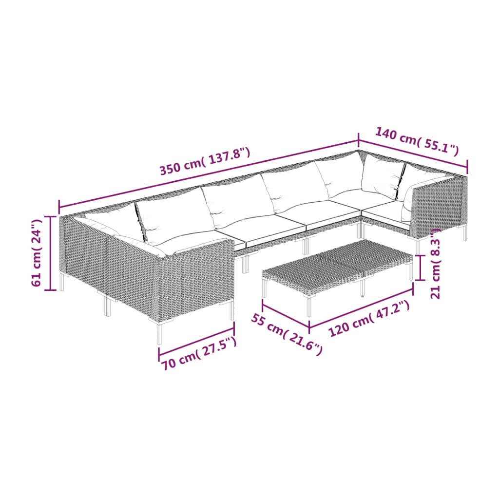 7-delige Loungeset met kussens poly rattan donkergrijs