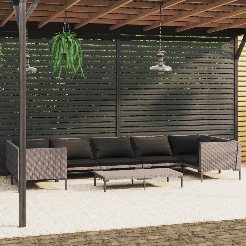 7-delige Loungeset met kussens poly rattan donkergrijs