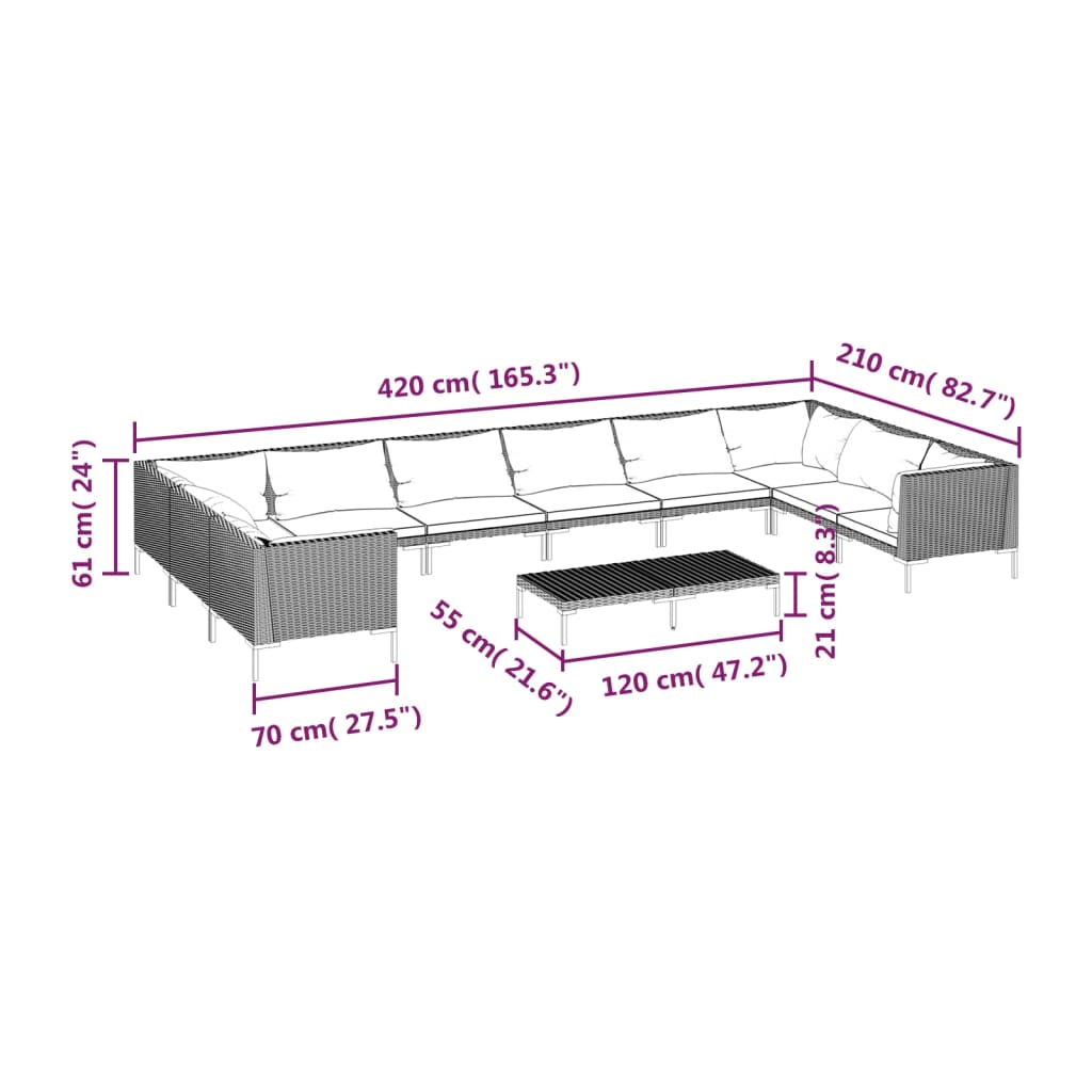 7-delige Loungeset met kussens poly rattan donkergrijs