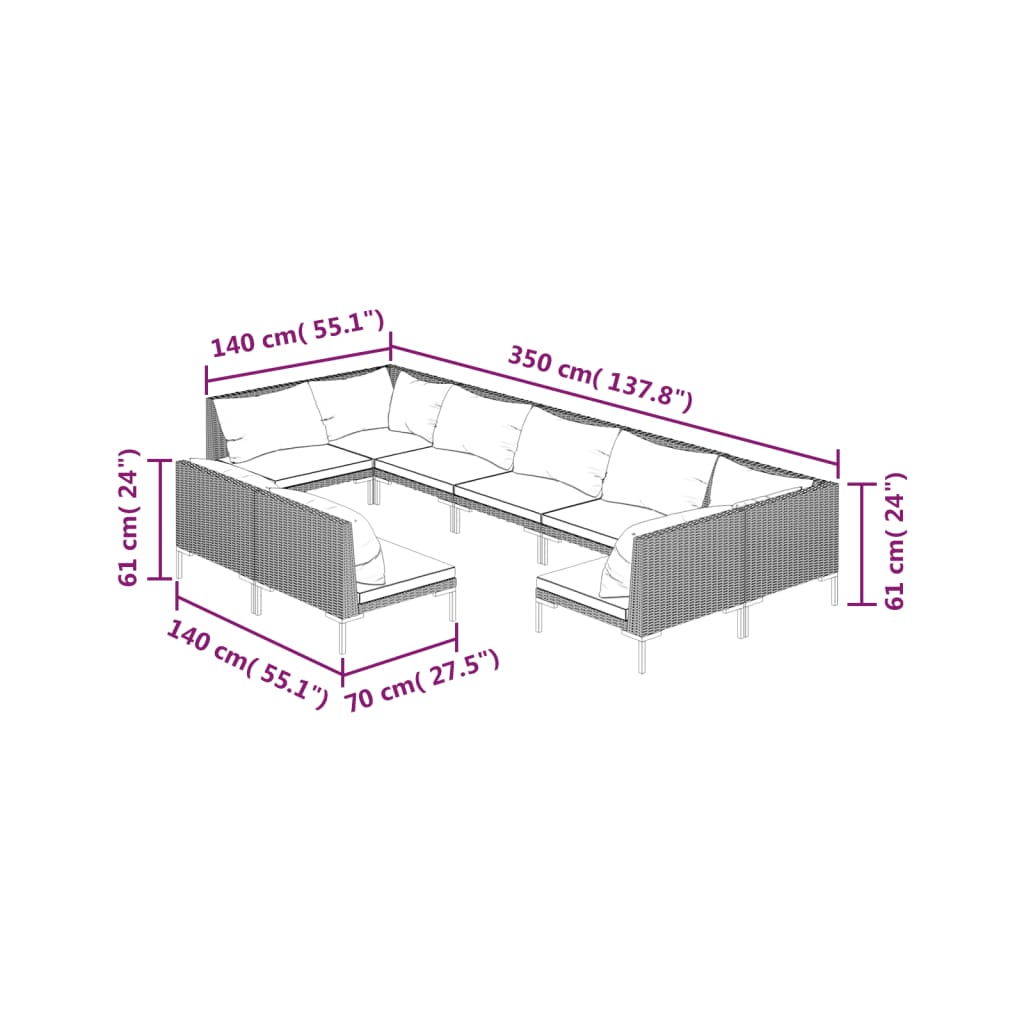 12-delige Loungeset met kussens poly rattan donkergrijs