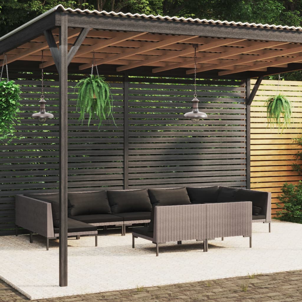 12-delige Loungeset met kussens poly rattan donkergrijs