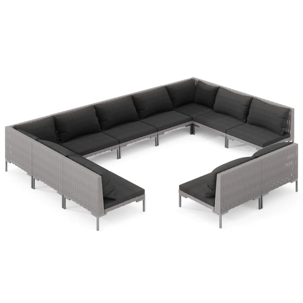 12-delige Loungeset met kussens poly rattan donkergrijs