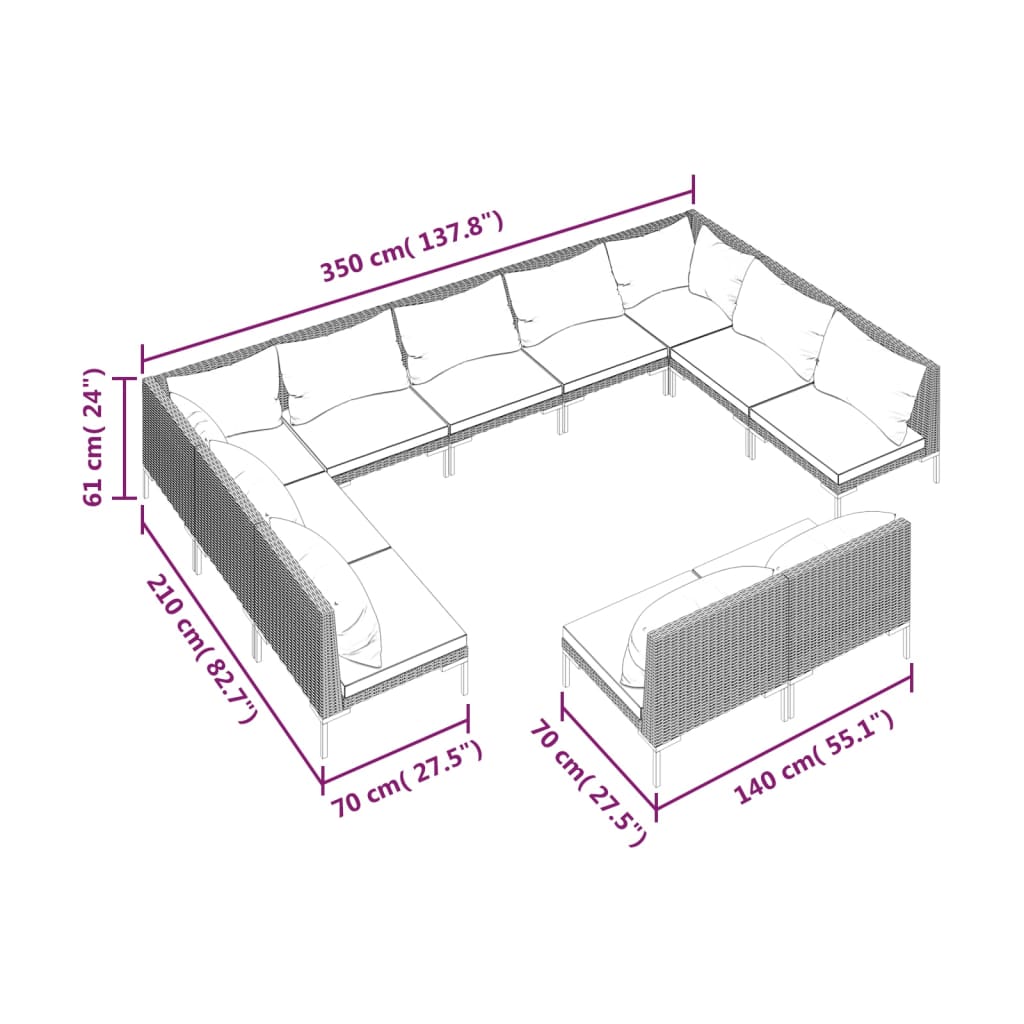 12-delige Loungeset met kussens poly rattan donkergrijs