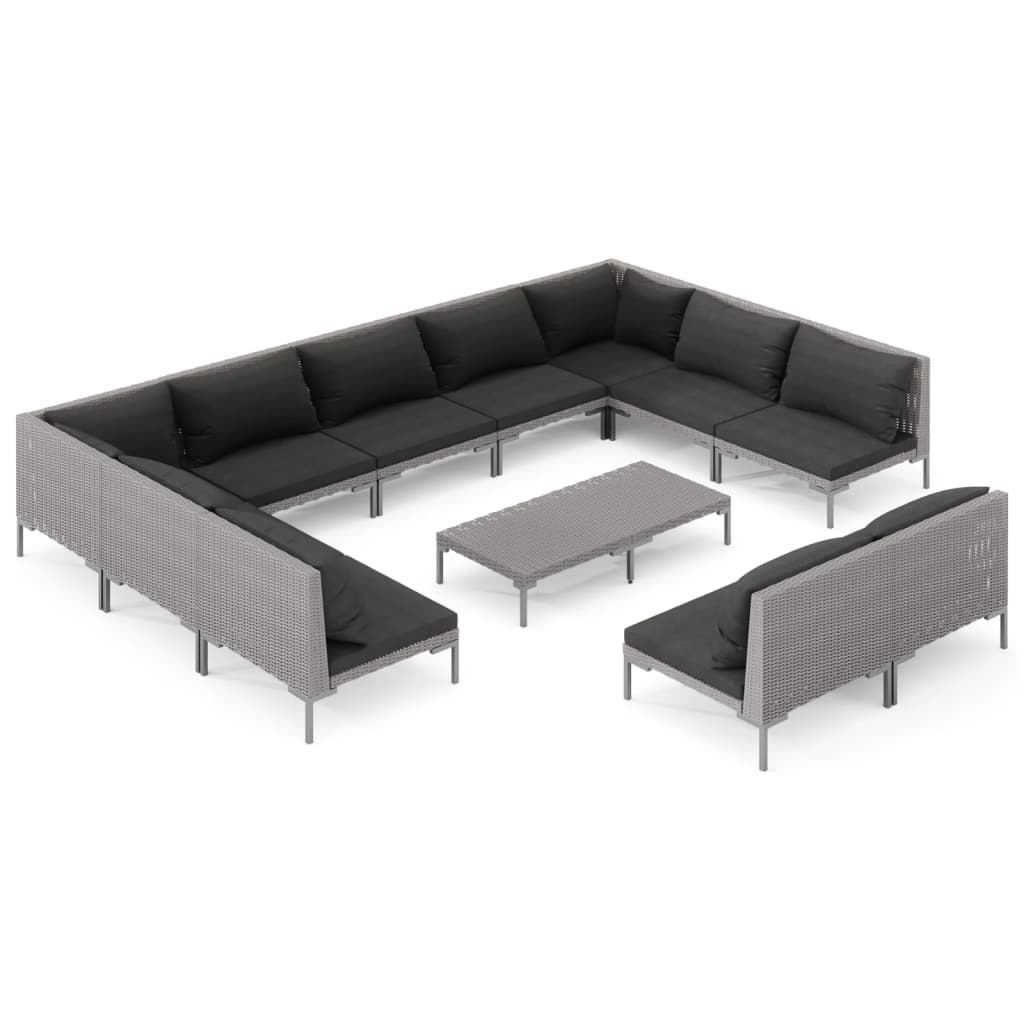 12-delige Loungeset met kussens poly rattan donkergrijs