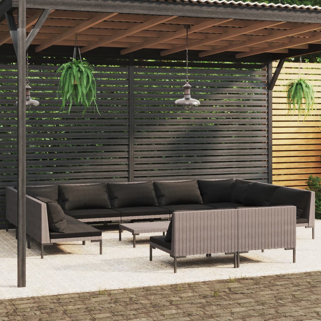 12-delige Loungeset met kussens poly rattan donkergrijs