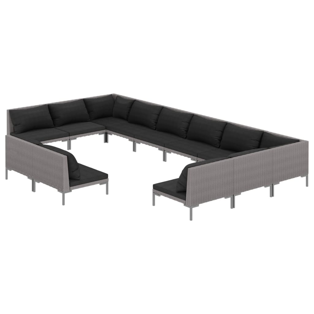 12-delige Loungeset met kussens poly rattan donkergrijs