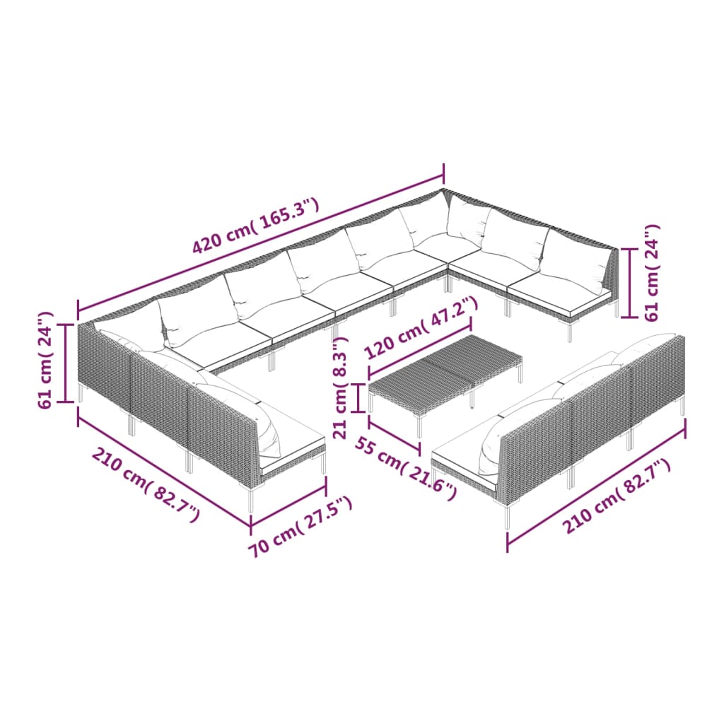 12-delige Loungeset met kussens poly rattan donkergrijs