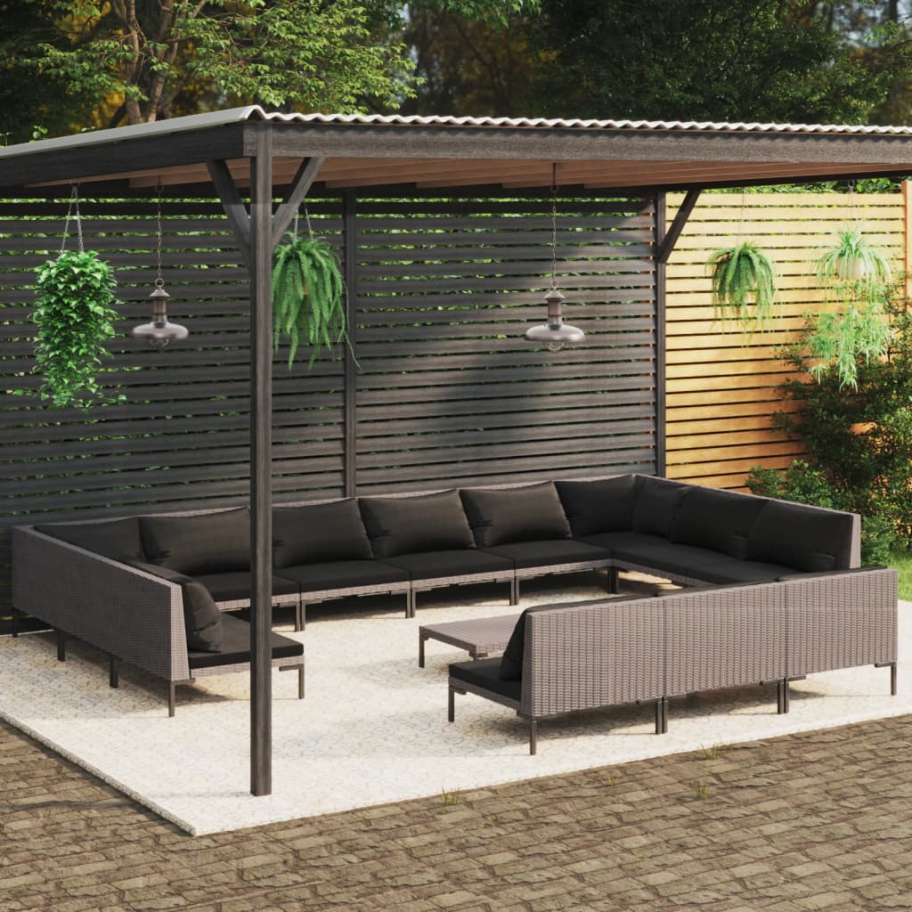 12-delige Loungeset met kussens poly rattan donkergrijs