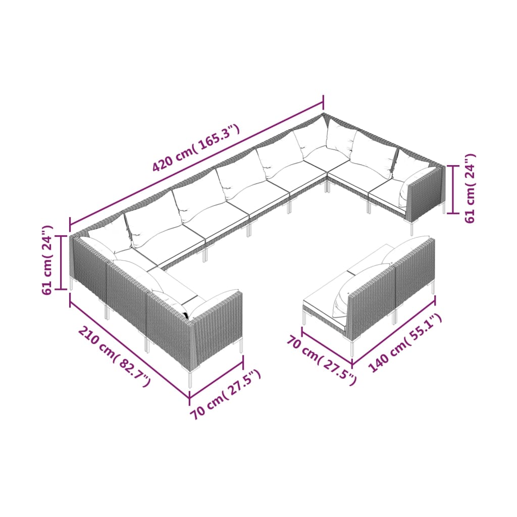 12-delige Loungeset met kussens poly rattan donkergrijs