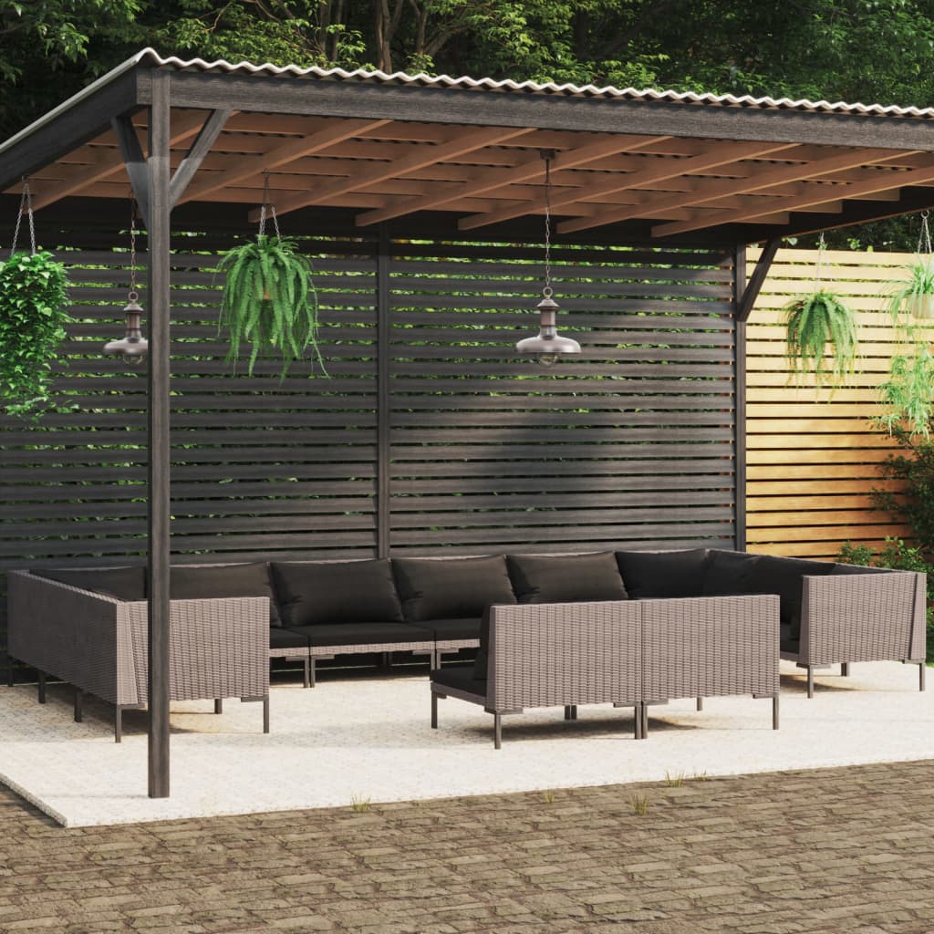 12-delige Loungeset met kussens poly rattan donkergrijs