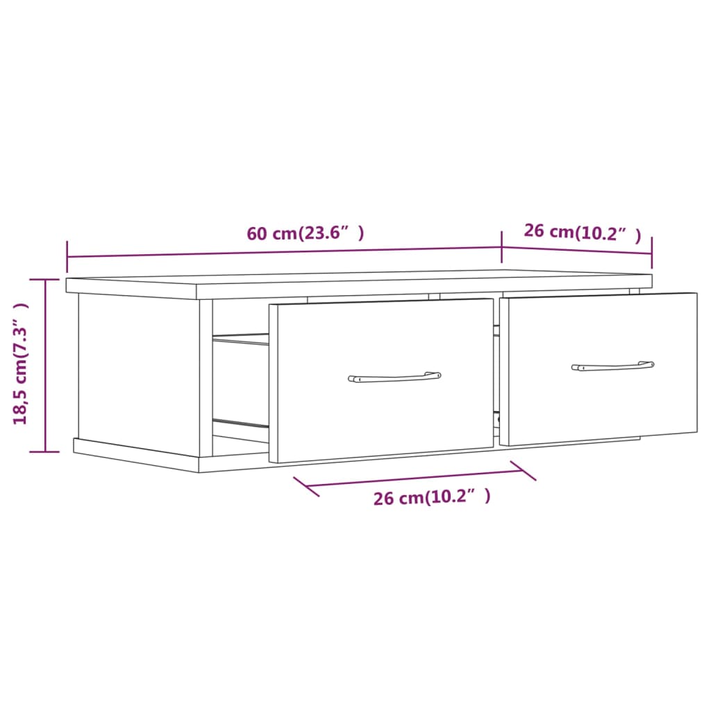 Wandschap met lades 60x26x18,5 cm bewerkt hout