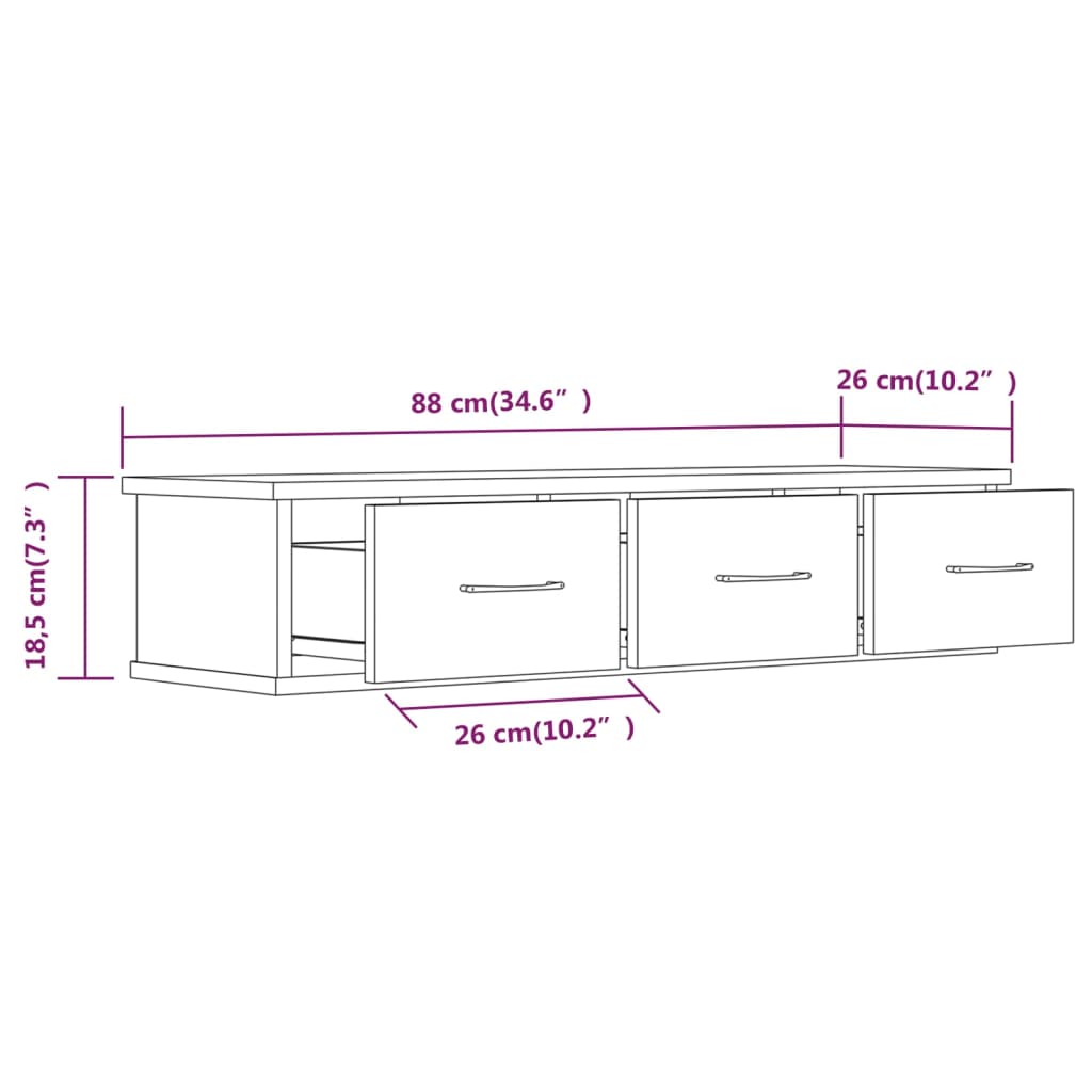 Wandschap met lades 88x26x18,5 cm bewerkt hout