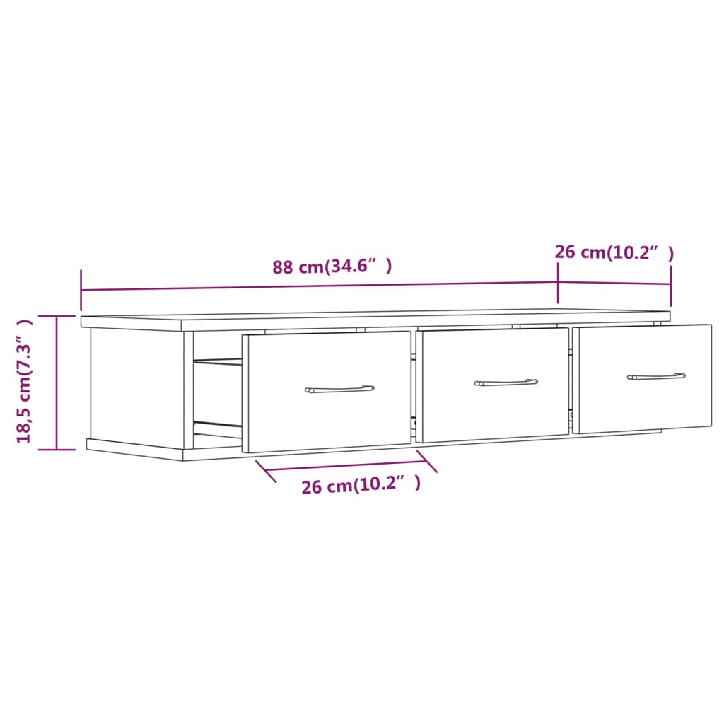 Wandschap met lades 88x26x18,5 cm bewerkt hout