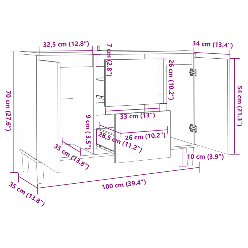 Dressoir 101x35x70 cm bewerkt hout eikenkleurig